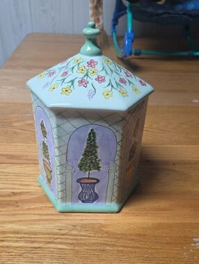 Handmade Ceramic Hexagonal Decorative Canister For Cookies- Pastel Green Floral